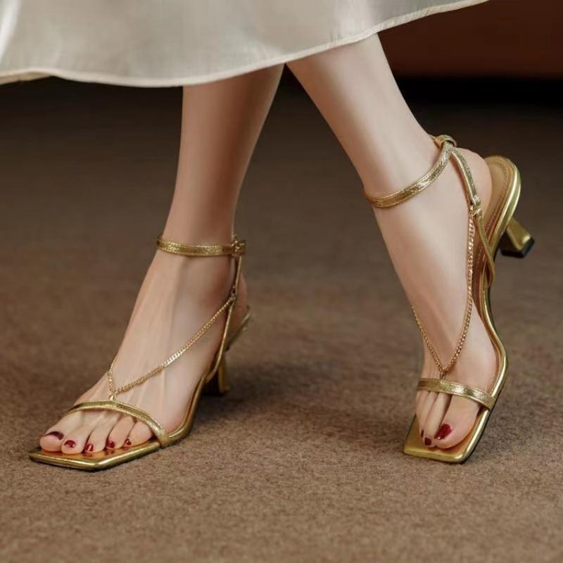 2024 Summer New Golden Roman Sandals Women's Thin Heels Fashion European and American Sexy Chain Square Toe Open Toe High Heels