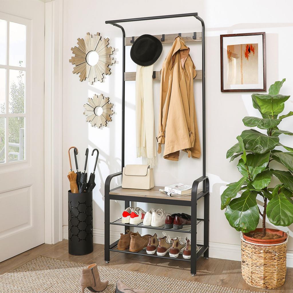 VASAGLE Coat Rack, Coat Stand with Shoe Storage Bench, 4-in-1 Design, with 9 Removable Hooks, a Clothes Rail, for Hallway, Entrance