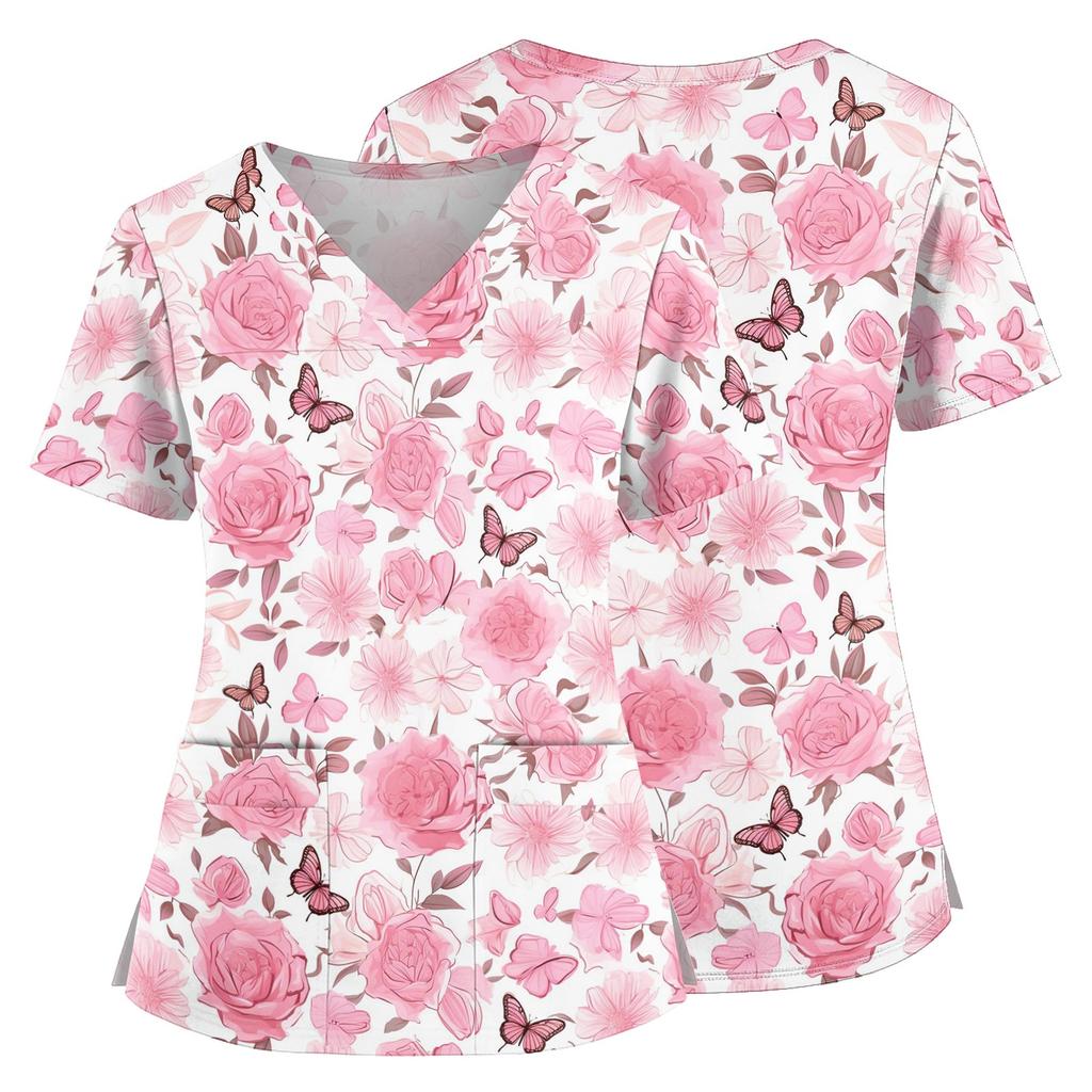 Women Floral Print V Neck Scrub Top with Pockets Side Slits Short Sleeve Medical Uniform Shirt for Healthcare Professionals