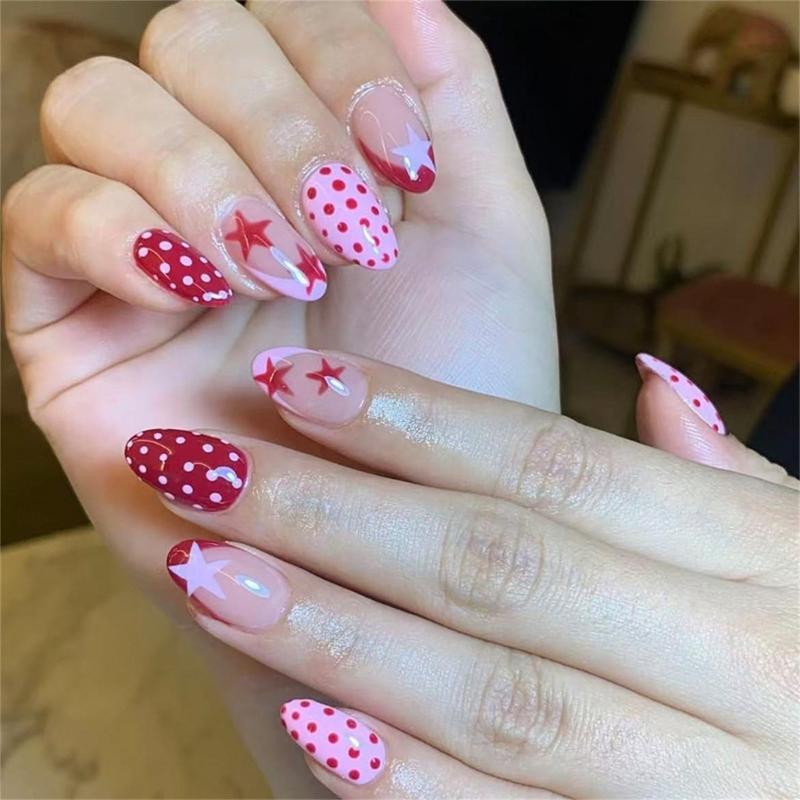 

24PCS Short Oval Glossy Fake Nail Red Pink Polkas Dot French Tip Art With Adhesive For Daily Wear 1