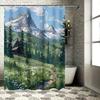 Scenic Mountain Forest Cabin Shower Curtain Nature Inspired Bathroom Decor Featuring Alpine Peaks Flower Fields And Pathway