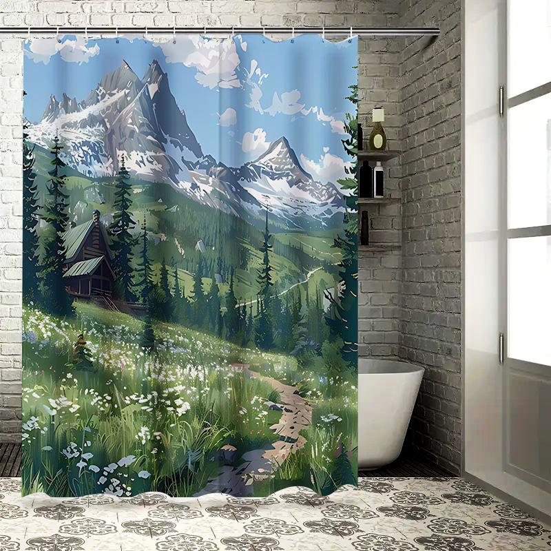 

Scenic Mountain Forest Cabin Shower Curtain Nature Inspired Bathroom Decor Featuring Alpine Peaks Flower Fields And Pathway W60H190(CM)-1 Pcs