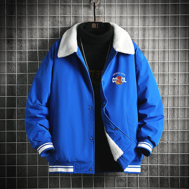 

Cotton-padded men s autumn and winter trendy brand lamb wool collar couple jacket thickened warm cotton-padded men s fashion casual jacket M