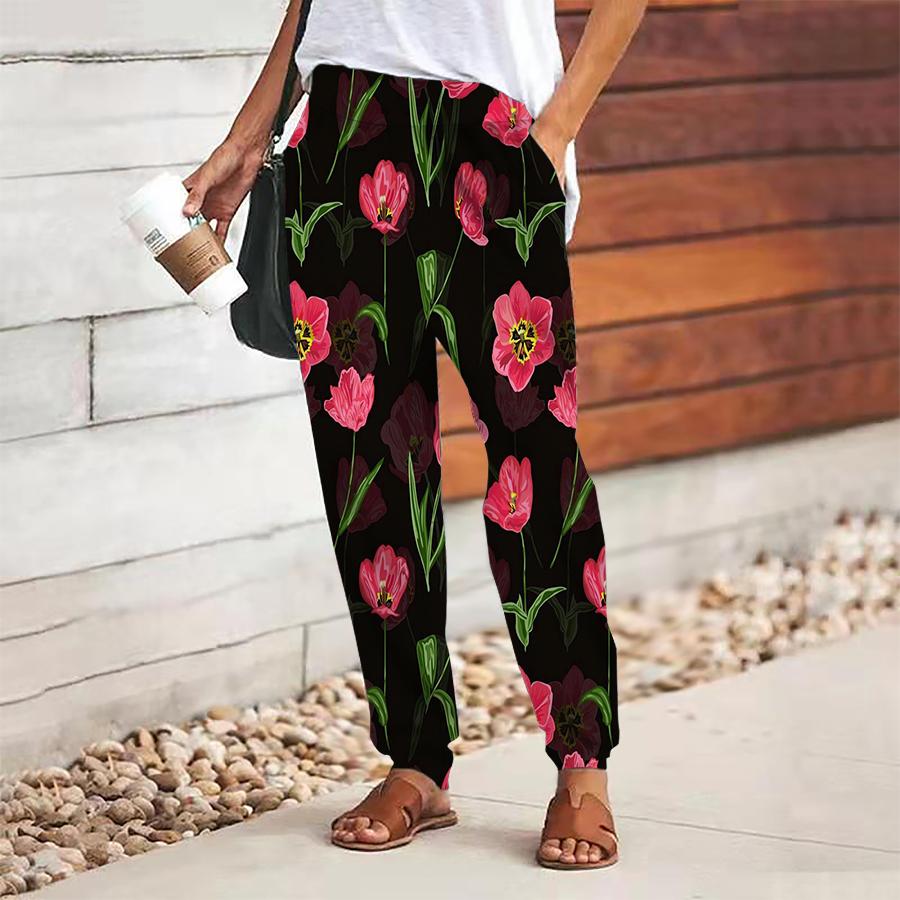 Damen Hose mit Blumendruck zum Schnüren Elastischer Bund Weite Hose Lässige Lange Hose Hose mit Taschen