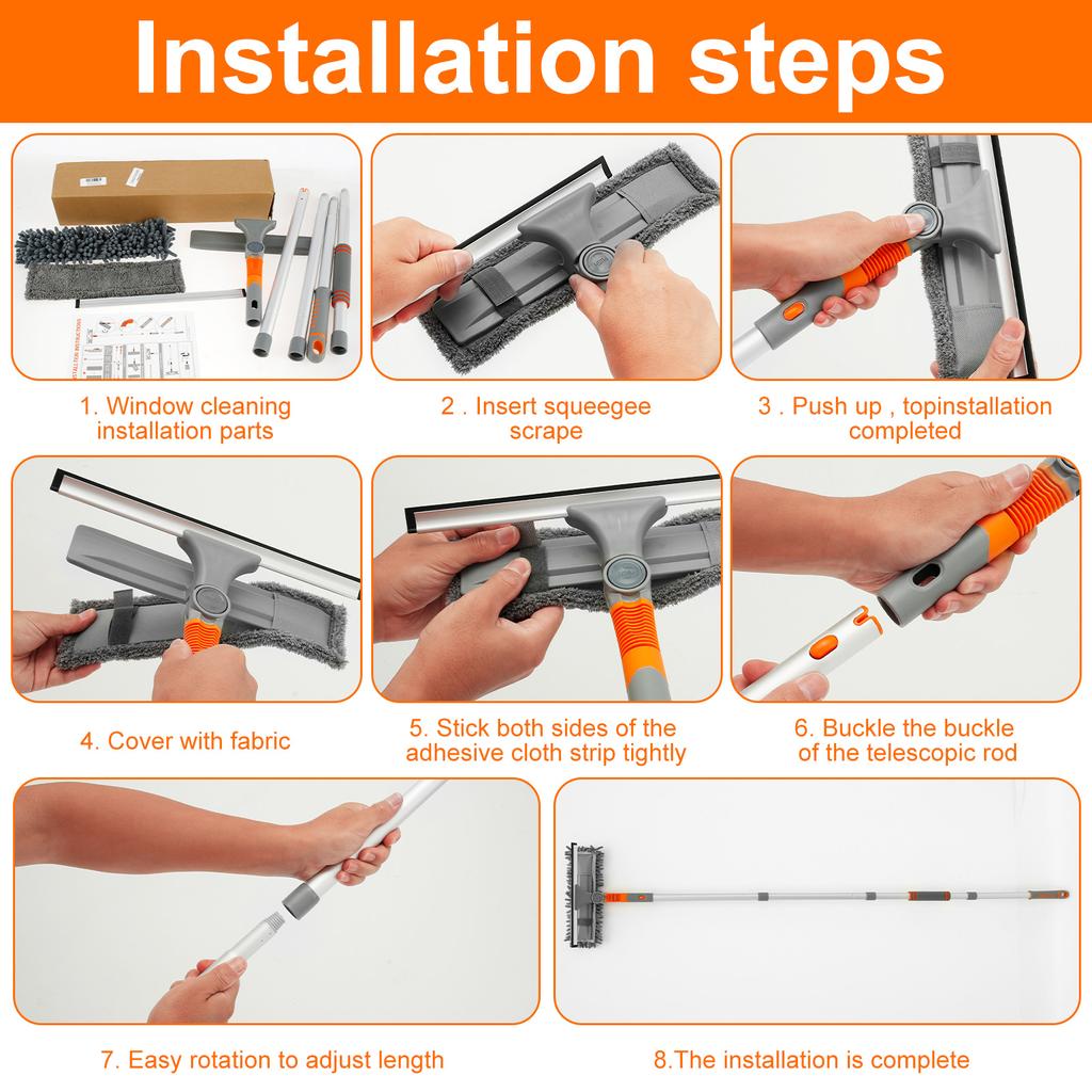 Window Squeegee 2-in-1 Window Cleaning Kit with Extension Pole 134CM Telescopic Shower Squeegee Tools for Cleaning High Window