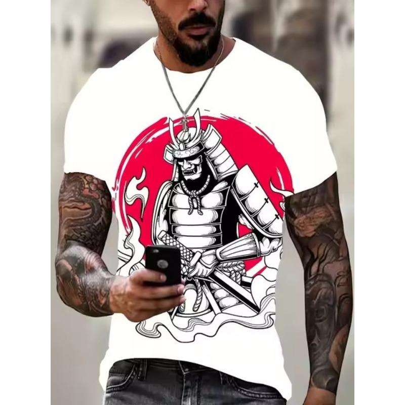 Übergröße Herrenmode Samurai Grafik T-Shirt, 3D Druck Trendy Stylisches Oberteil, Reifer & Eleganter Stil