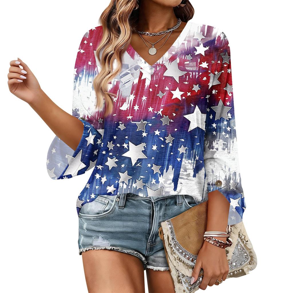 Womens Casual V Neck Three Quarter Sleeve T Shirt Top with Printed Pattern Relaxed Fit Comfortable Lightweight Design