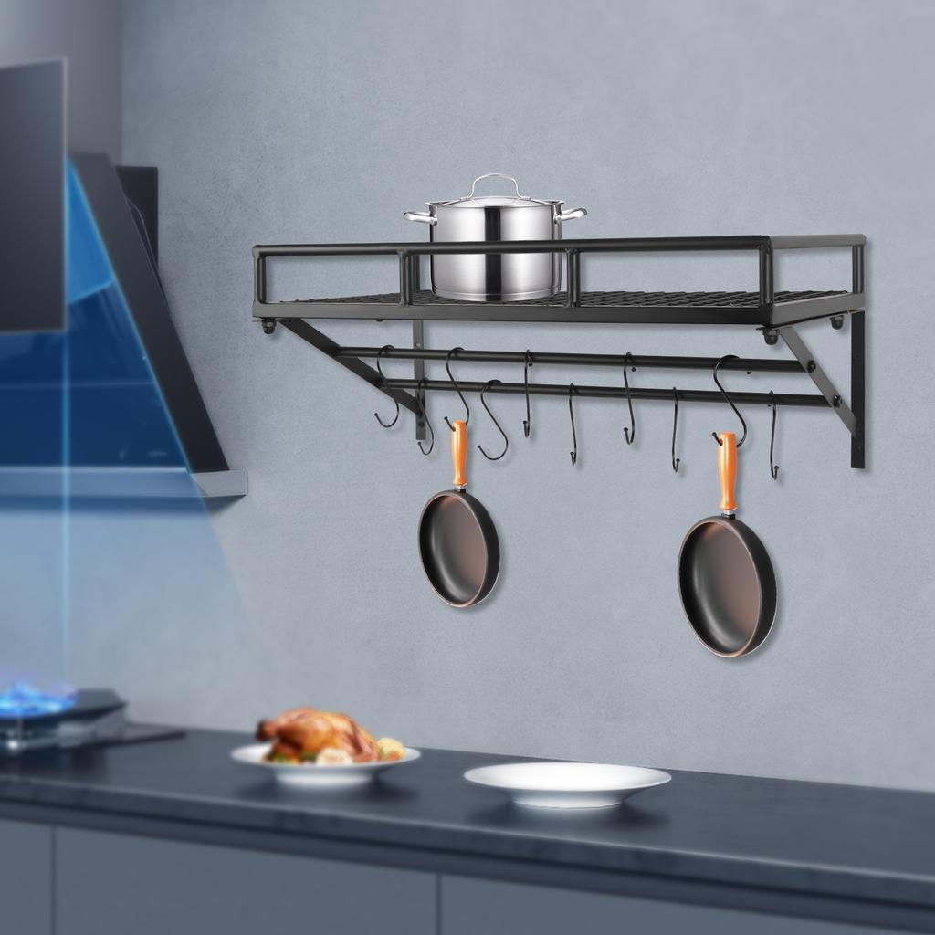 Modernt väggmonterat köksförvaringshylla - Förvaringsställ för köksredskap, kastruller, pannor med 10 krokar, Utrymmesbesparande design, Maxbelastning 20 kg/44 lbs