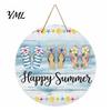 Summer Beach Decor Round Wooden Door Hanger, Watercolor Welcome Sign, Hello Sunshine Indoor Outdoor Wall Hanger Please Plaque for Porch Decorative