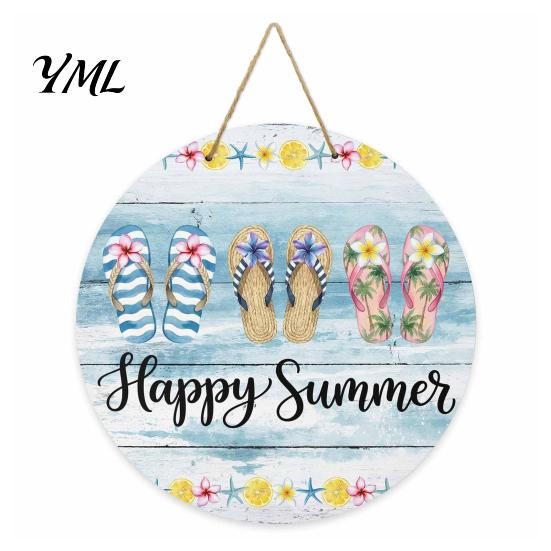 Summer Beach Decor Round Wooden Door Hanger, Watercolor Welcome Sign, Hello Sunshine Indoor Outdoor Wall Hanger Please Plaque for Porch Decorative