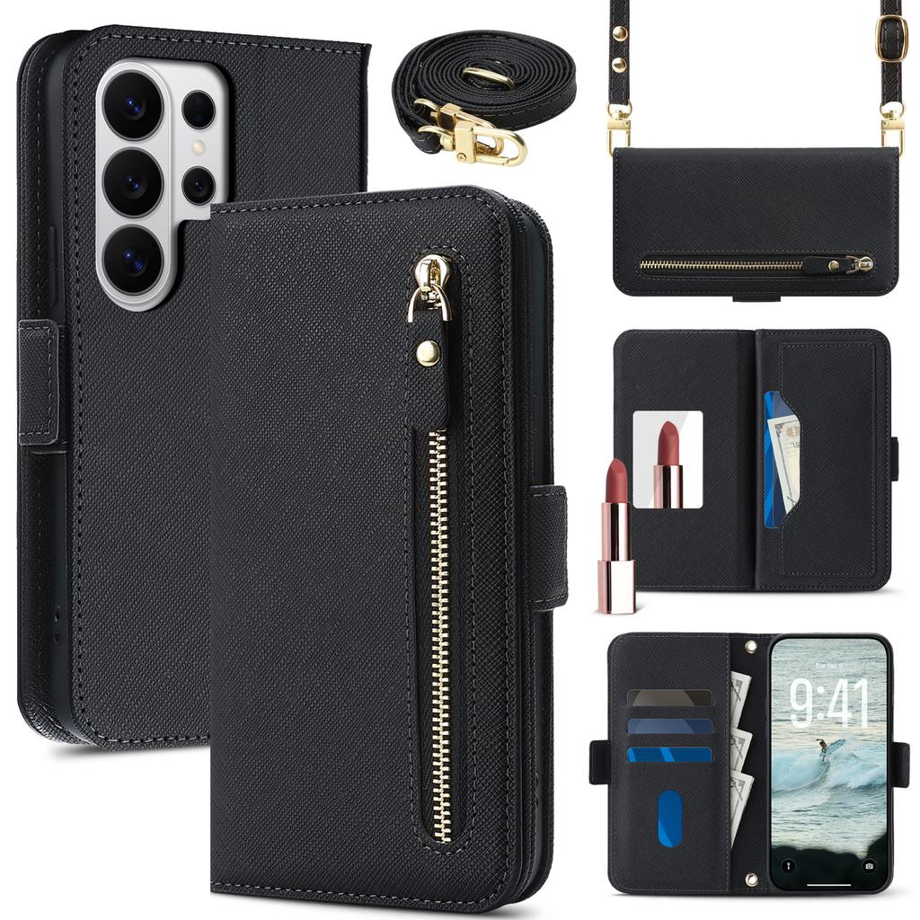 Crossbody Long Lanyard Zipper Cards Solt Wallet Flip Leather Case for Samsung S26 Ultra S25 S24 S23 Shockproof Book Stand Cover