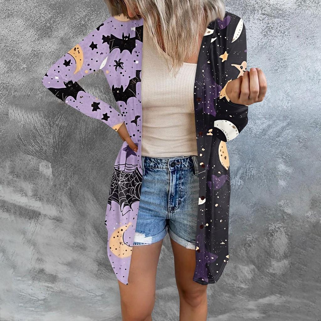 Women's Casual Cardigan Halloween Printed Long Sleeve Top With Pockets