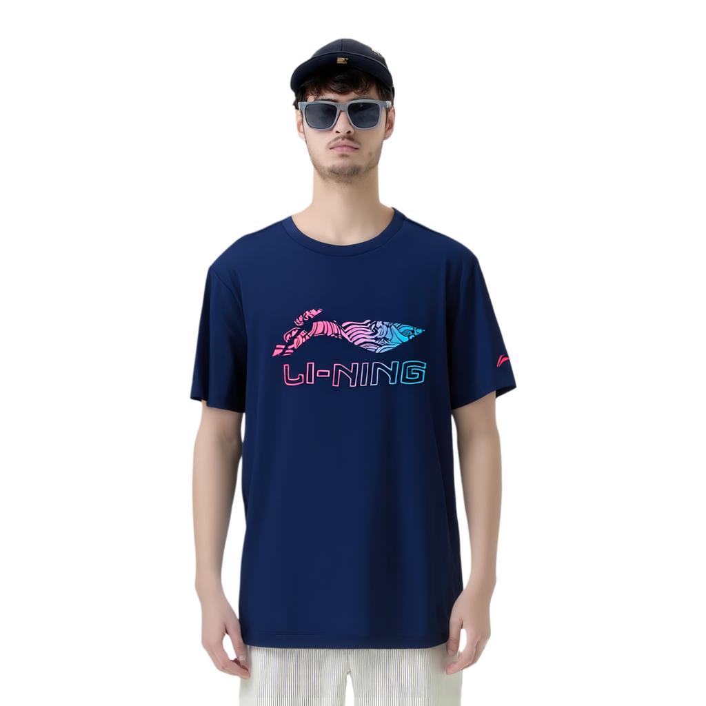 Li Ning Badminton Series Logo Letter Breathable Versatile Short Sleeve T-Shirt Unisex Tops Deep-Purple Blue AHSV055-3