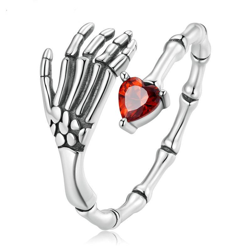 Fashion Zinc Alloy Skull Hand Red Heart Zirconia Ring Men and Women Hip Hop Halloween Party Accessories Opening Adjustable Jewellery