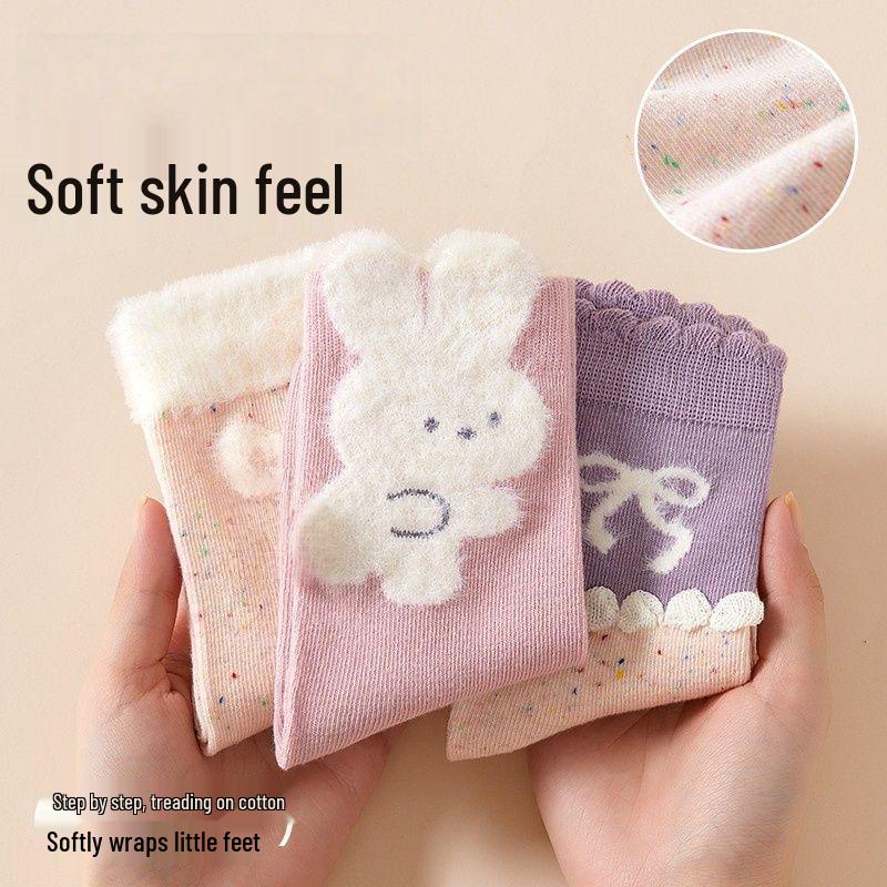 Warm Lace Princess Cotton Socks for Girls – Cute Cartoon Design, Mid-Calf, Thickened for Autumn/Winter