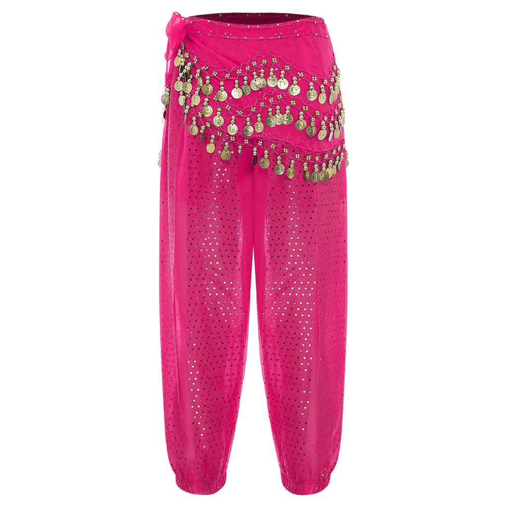Damen Bauchtanz Bloomers Haremshose Elastischer Bund Paillettenbesetzte Schicht Schnürung Hüfttuch Halloween Kostüm