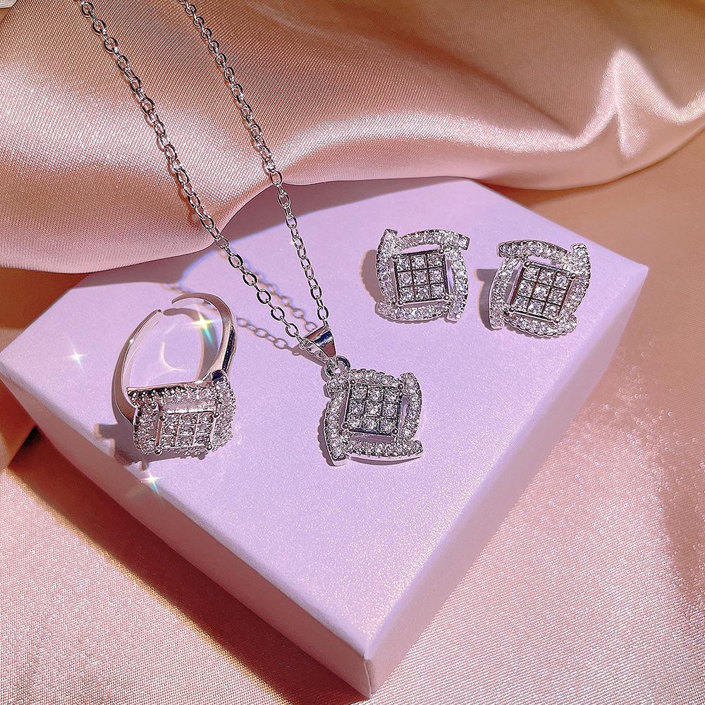 Stamp Square Necklace Stud Earrings Three-Piece Set Fashion Simple Women Micro-set Zircon Earrings Jewelry