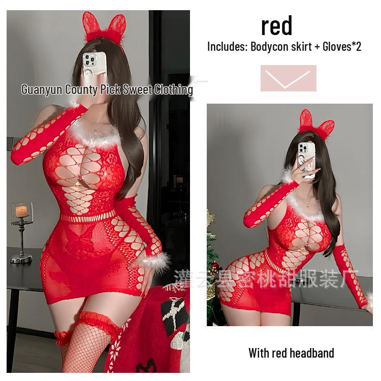 Red Plush Mesh Dress - Sultry Christmas Lingerie & New Year's Eve Attire
