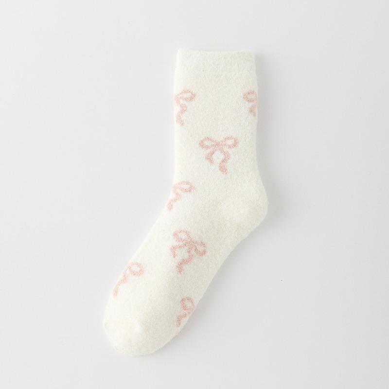 Sock Children's Mid-length Winter and Autumn Thickened Fleece-lined Warm Floor Socks with Bows, Versatile for Home Use and Sleepwear, for Women.
