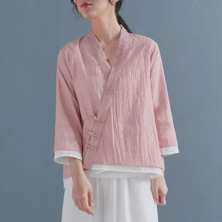 Women's Retro Embroidered Tang Suit Buttoned Shirt - Three-Quarter Sleeve, Solid Color, Chinese Style Cardigan for Spring and Autumn