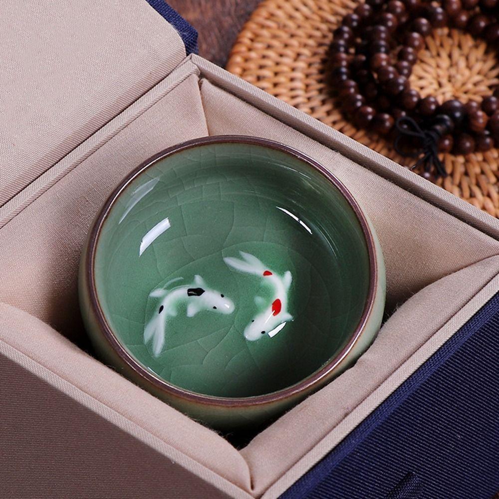 Crackle Golden Fish Celadon Porcelain Teacups Kungfu Delicate Longquan Tea Cup Bowl 60ml Able Chinese Tea Cup Tea Making