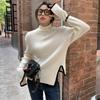 Chic Semi-turtleneck White Knitted Sweater for Women's Autumn and Winter New Irregular Belly-covering Sweater with Primer Inside