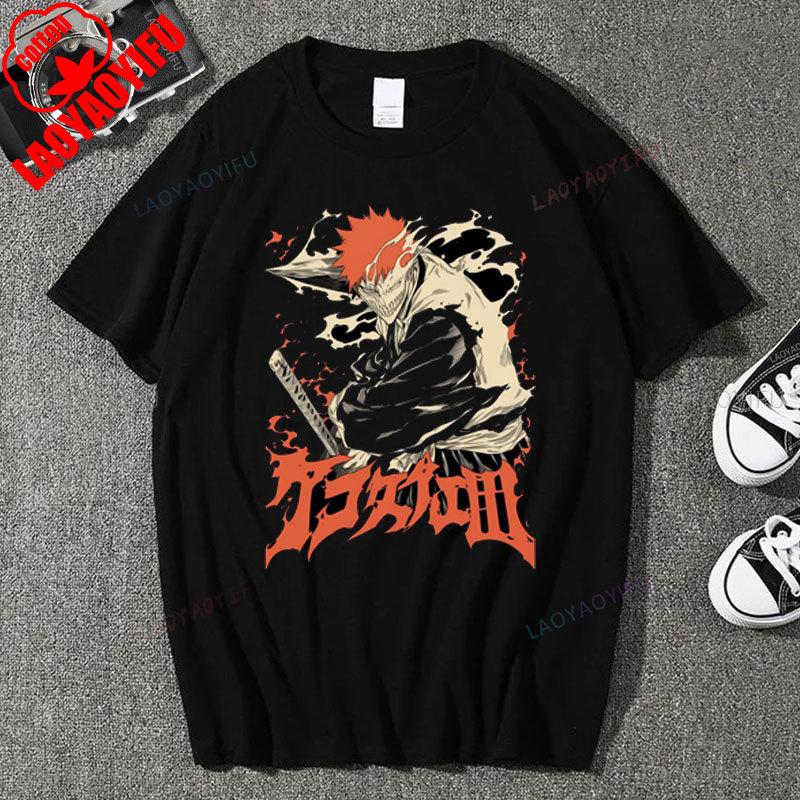 Japan Anime Bleach Ichigo Kurosaki T Shirt Men Fashion T-shirt Short Sleeve Vintage Cartoon Tshirt Harajuku Tops Cotton Clothes