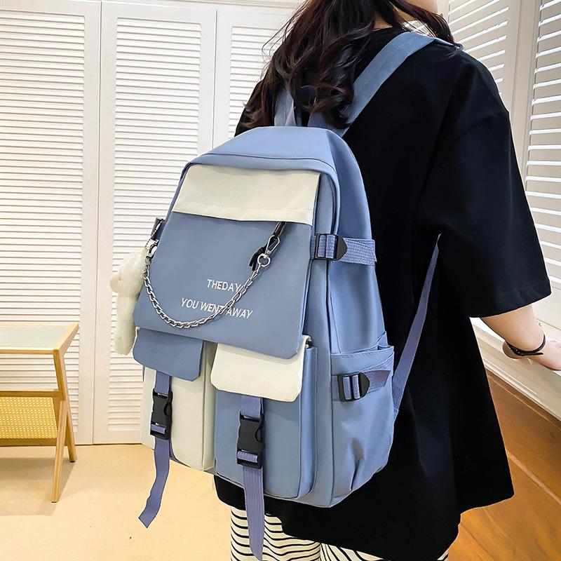 Zaino per la scuola media con ciondolo a forma di orso Zaino per il campus ad alta capacità Colore a contrasto Uomo Donna Zaino da 5 pezzi Borsa a tracolla Borsa a tracolla Astuccio