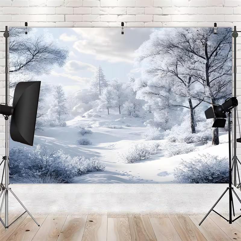 2D Christmas Winter Tapestry, Frosty Snow Forest Background Cloth