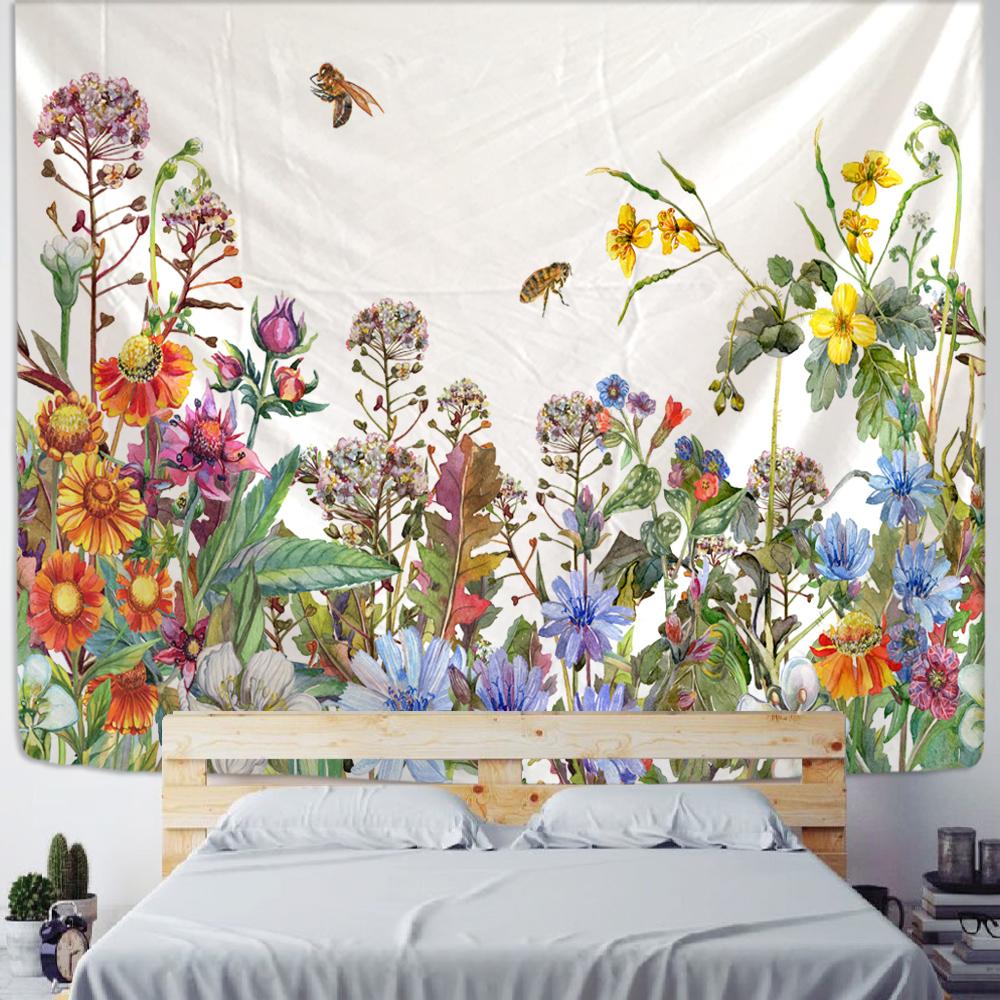 Blomma Bi Tapestry Väggbonad Bohemisk Tropisk Växt Hippie Bohemisk Sovsal Modern Stil Bakgrundsduk Dekor