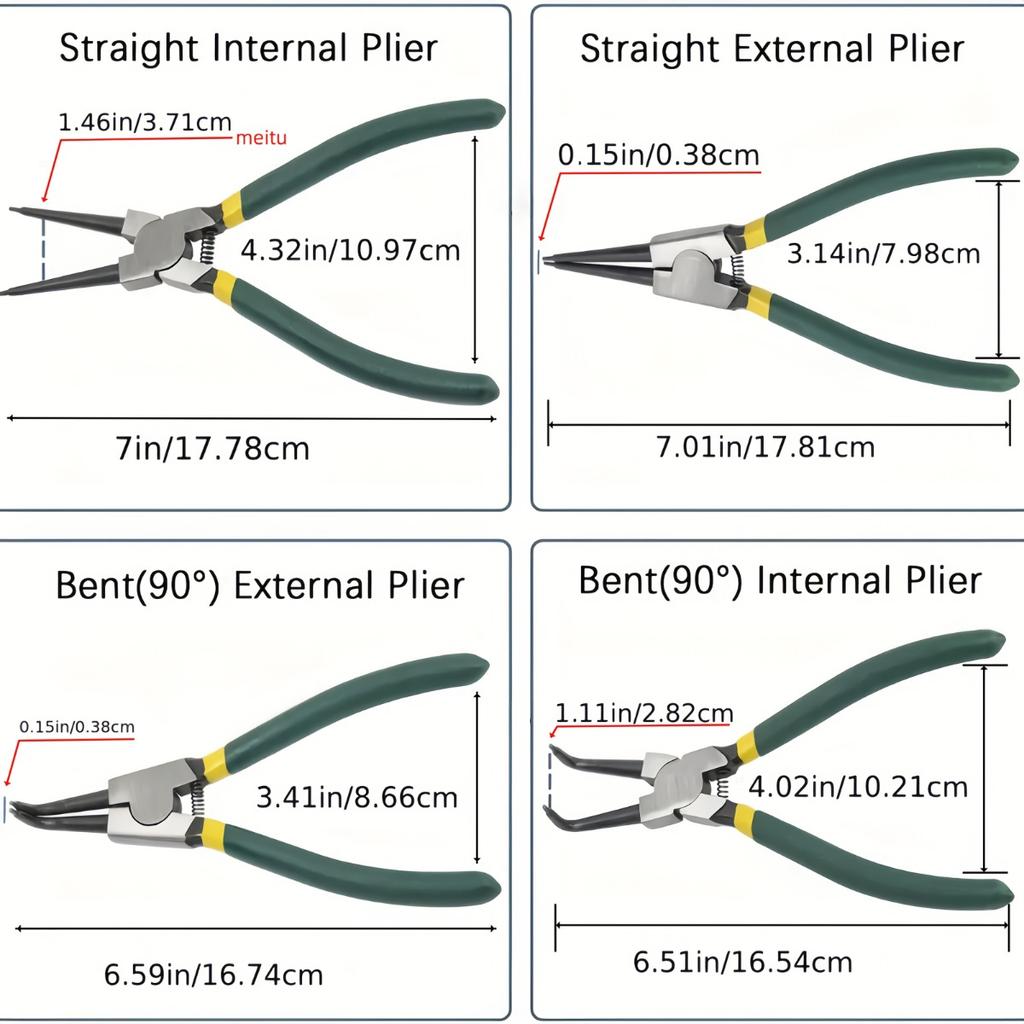 4pcs Professional Snap Ring Pliers Set, 7-Inch Heavy-Duty Internal/External Circlip Pliers with Straight/ Bent Tips, Durable Metal Construction,