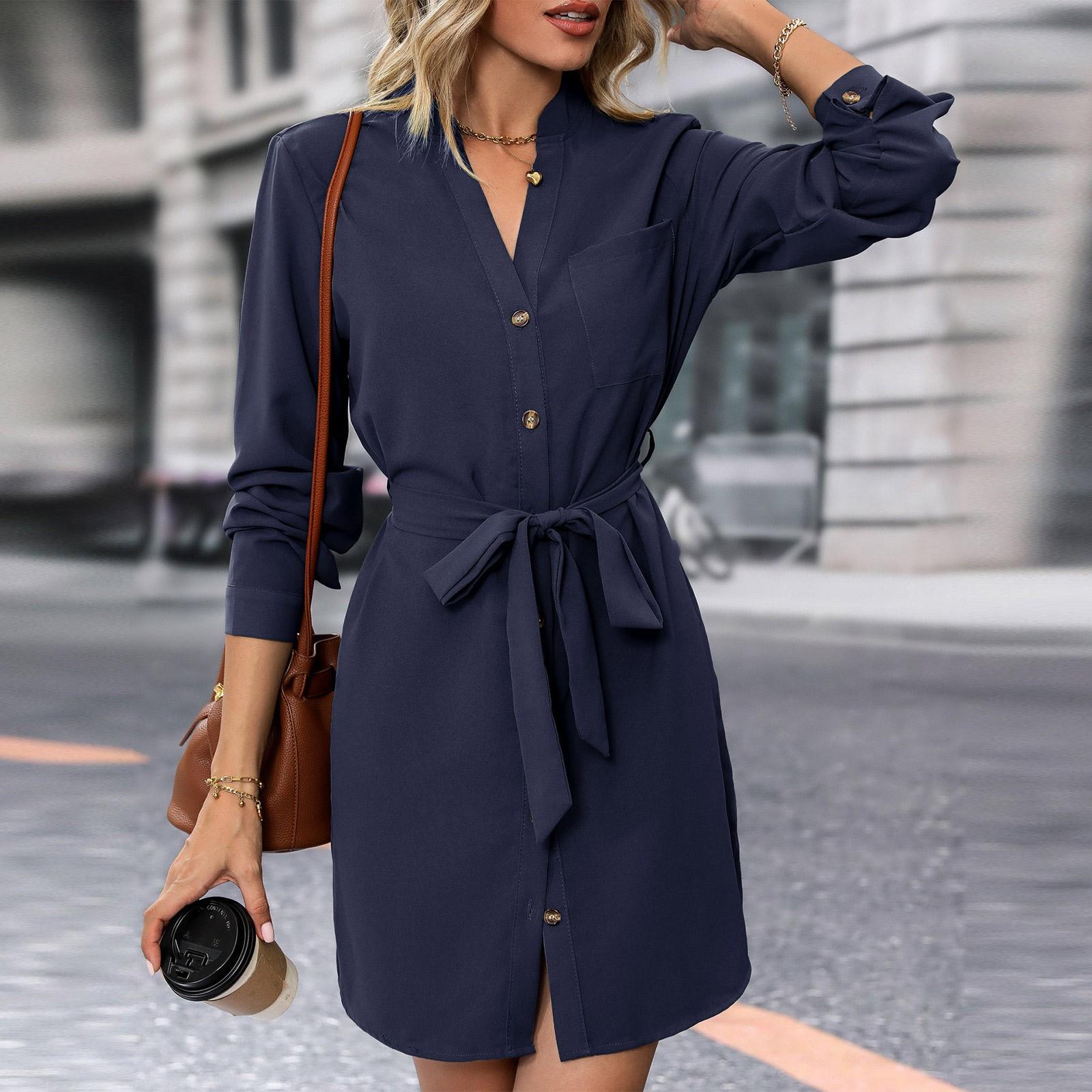 

Women s Fashion Elegant Long Sleeve Tie Color Cardigan Dress M темно-синий