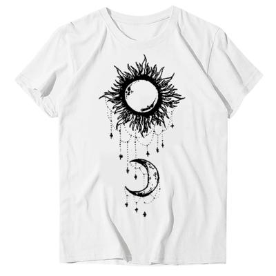 Vintage Dame T-shirt Sol Måne Stjerne Print T-shirt Afslappet O-hals Kortærmet Toppe Sommer Løs T-shirt Y2k Tøj Blusas