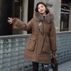 Womens Mid-Long Down Cotton Puffer Coat With Detachable Faux Fur Collar Winter Embroidered Outerwear
