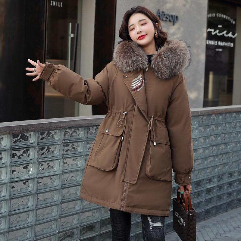 Womens Mid-Long Down Cotton Puffer Coat With Detachable Faux Fur Collar Winter Embroidered Outerwear