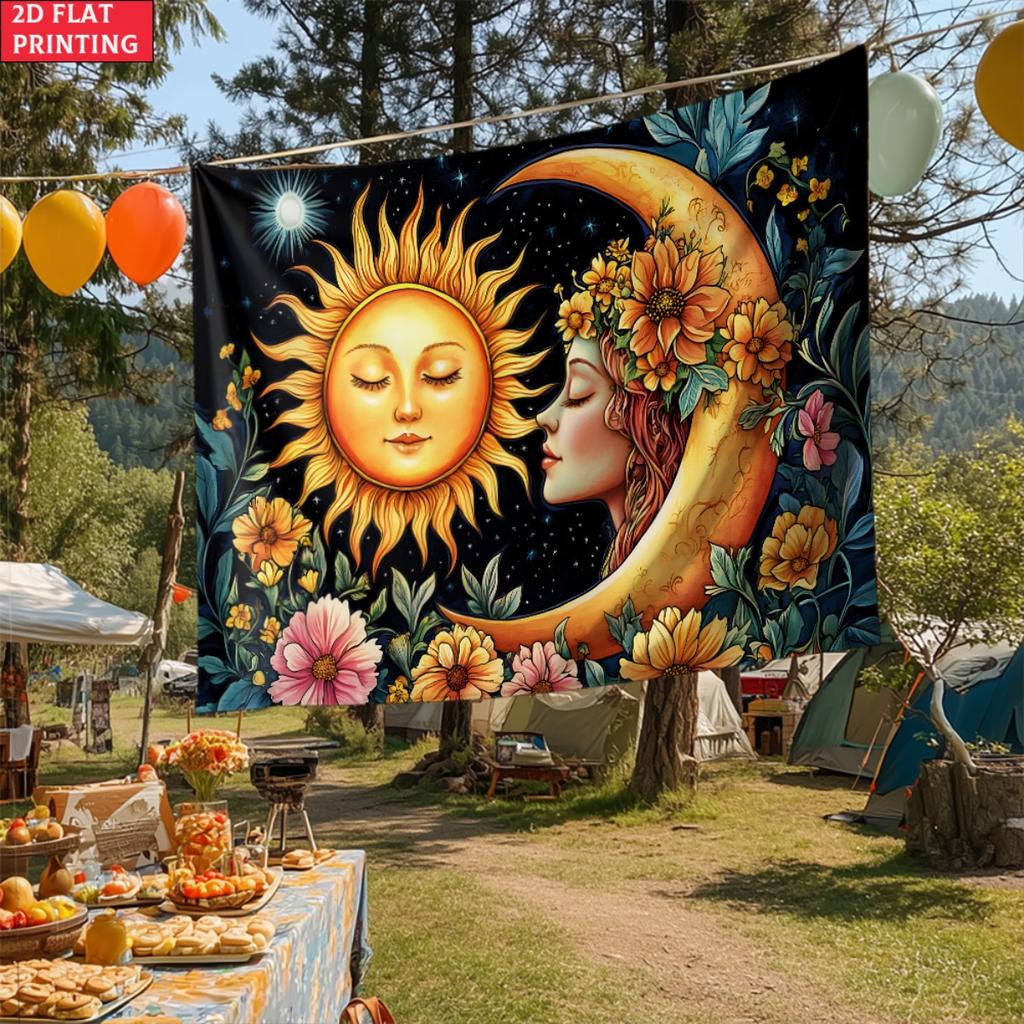 Sun Moon Goddess Floral Wall Tapestry Celestial Art Bohemian Home Decor 2D Flat Printing