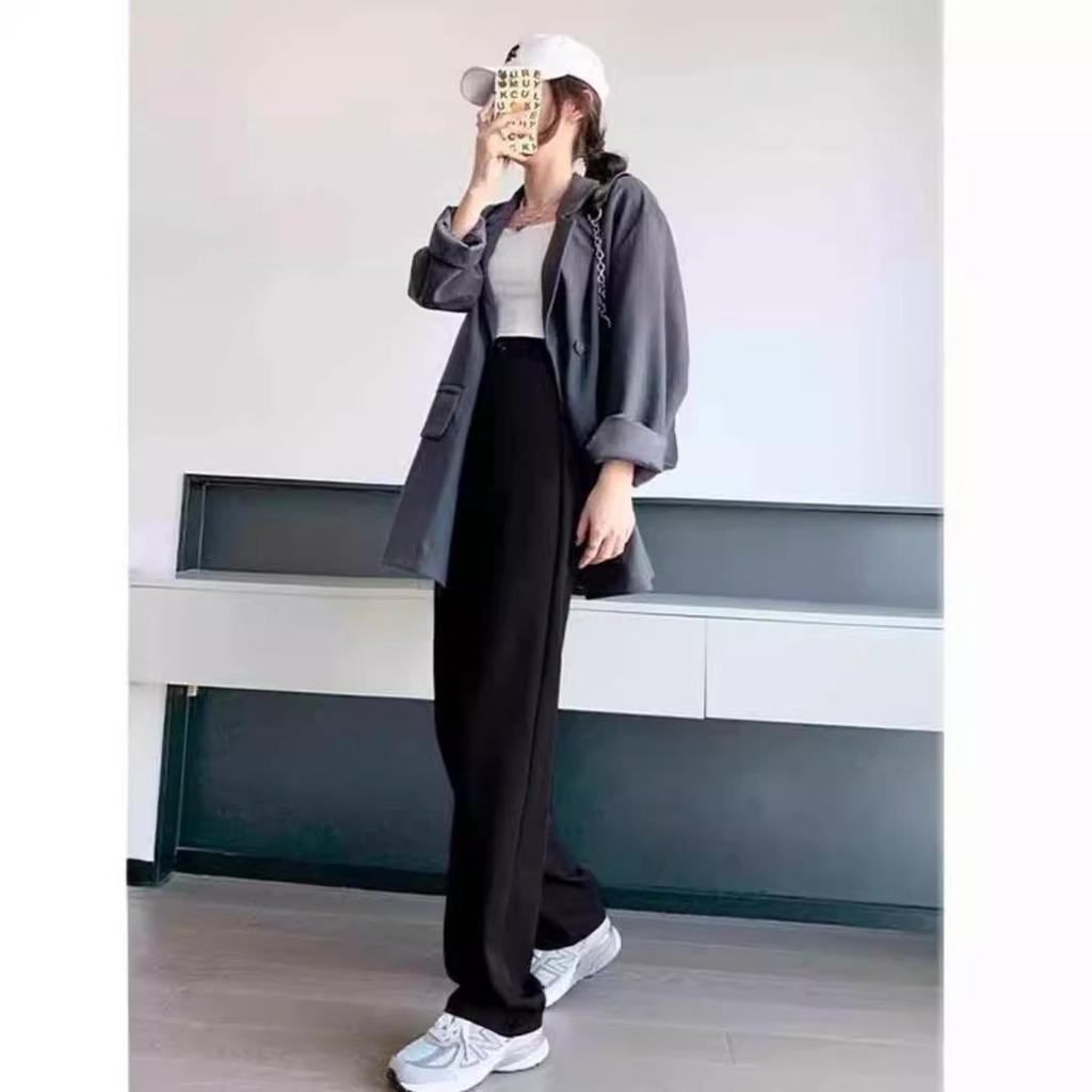 2024 Women's High-End Black Wide-Leg Spring Trousers: Drapey, High Waist, Casual, Straight-Leg Long Pants