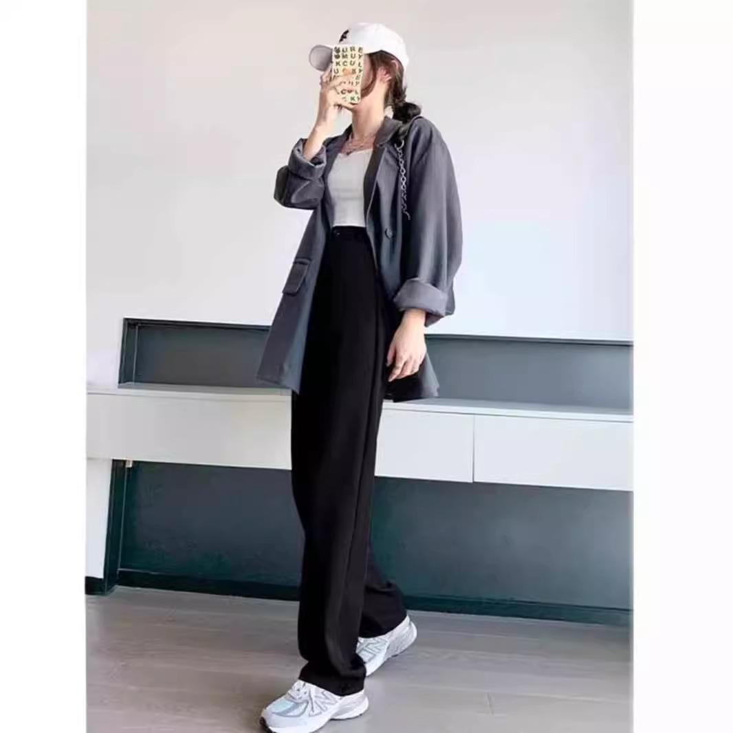 

2024 Women s High-End Black Wide-Leg Spring Trousers: Drapey, High Waist, Casual, Straight-Leg Long Pants Medium чорний