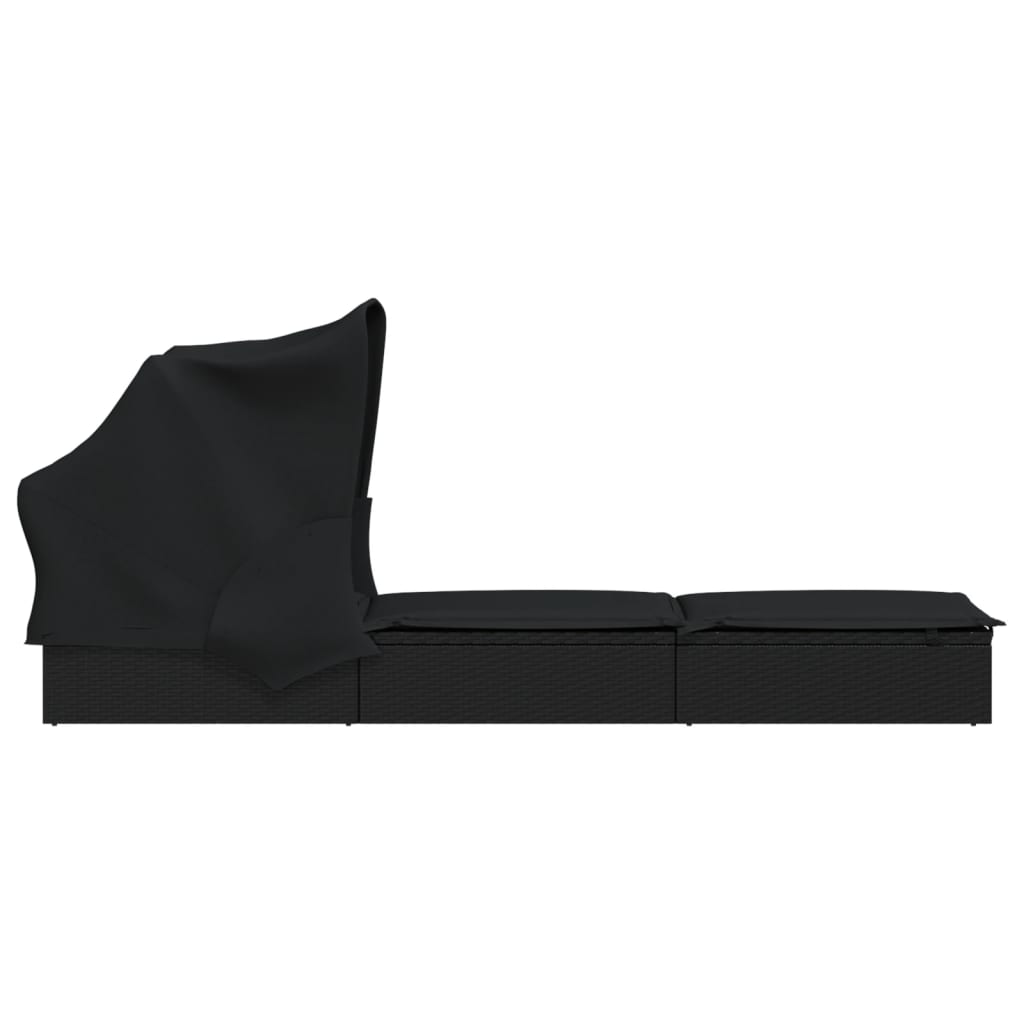 Folding Sun Lounger with Canopy Black 213x63x97 cm Poly Rattan