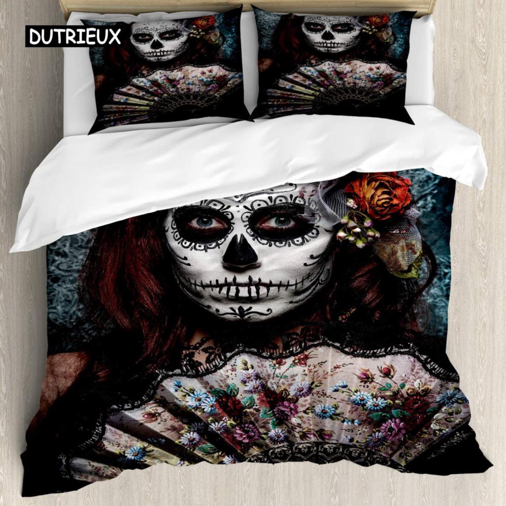 Sugar Skull Duvet Cover Set, Monochrome Skull with Roses Leaves and Diamond Shape Folklore Festival Print,Decorative Bedding Set
