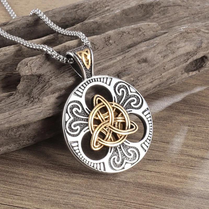 Retro Celtic Knot Pattern Disc Cross Pendant Necklace for Men Gothic Punk Trend Street Jewelry Gift