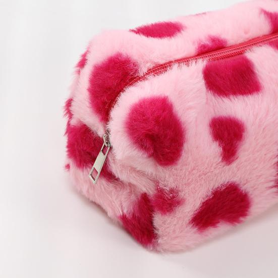 Fuzzy Makeup Bag Fluffy Plush Zipper Cosmetic Pouch with Heart Pattern Cute Pencil Case Travel Toiletry