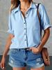 Women's Puff Short Sleeve Button Down Shirt Collared V Neck Linen Work Blouse