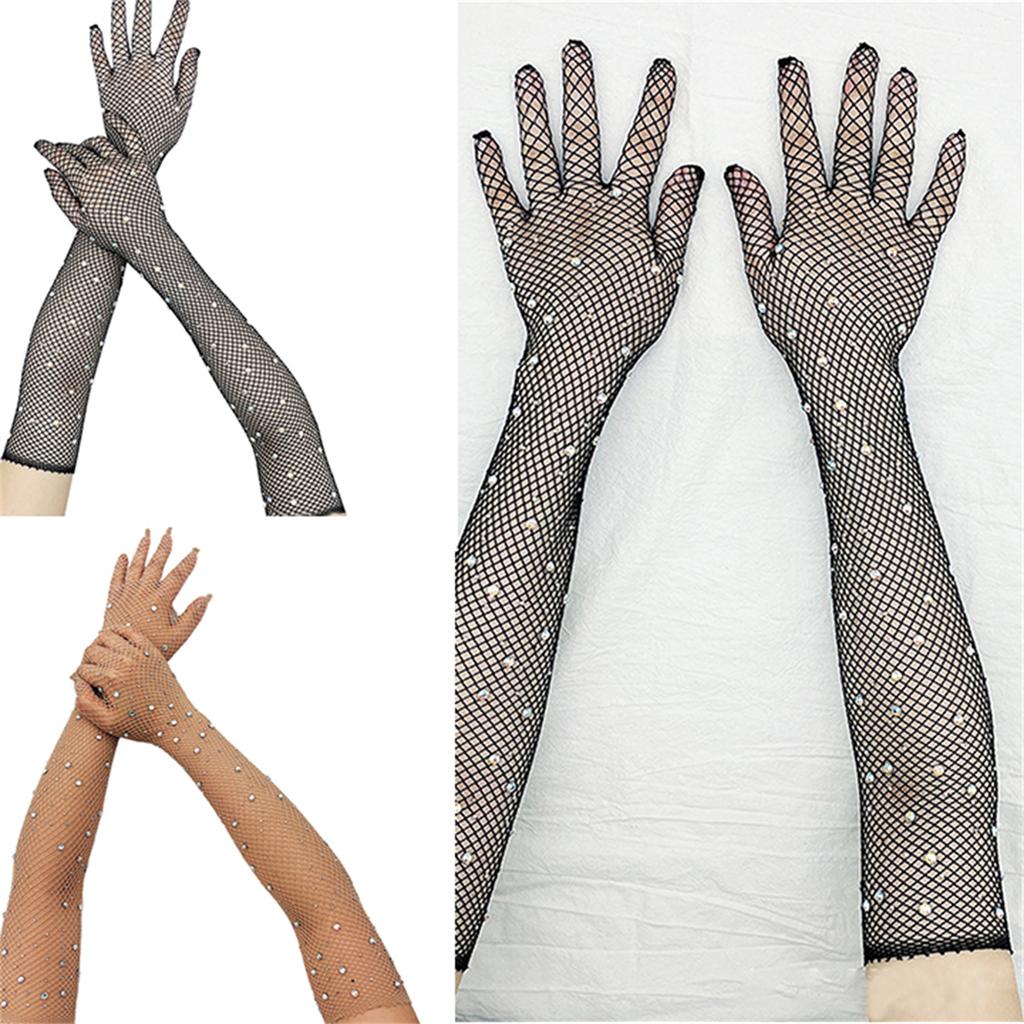 Rhinestones Long Gloves Performance Gloves Mesh Long Gloves With Rhinestones Fishnet Long Gloves Women Dance Gloves