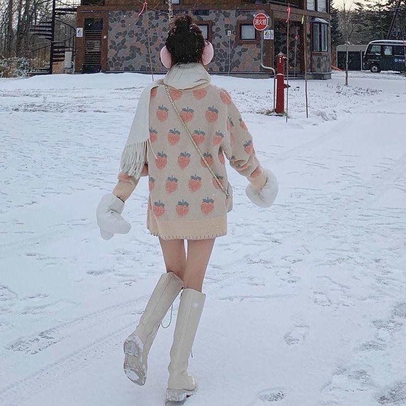 Autumn Winter Sweet Lolita Cute Pink Cartoon Fruit Pattern Knitted Casual Pullover Loose Sweater Long Style Top Outwears