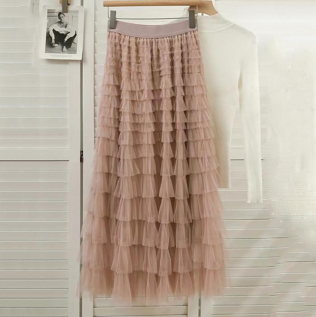 

Qooth, осеннее корейское стильное сетчатое пышное длинное платье с тортом, элегантное винтажное бальное платье с эластичной резинкой на талии и высокой талией, газовая тюлевая юбка QT1989 One Size розовый