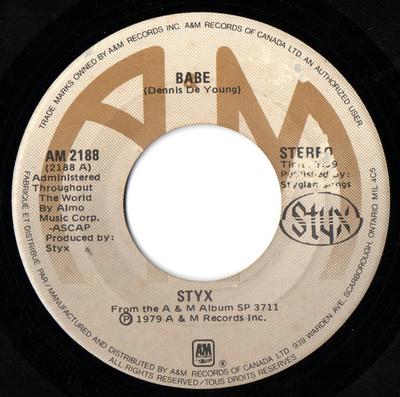 7inch Record STYX  Babe AM2188 AM 1979 Canada Rock Used