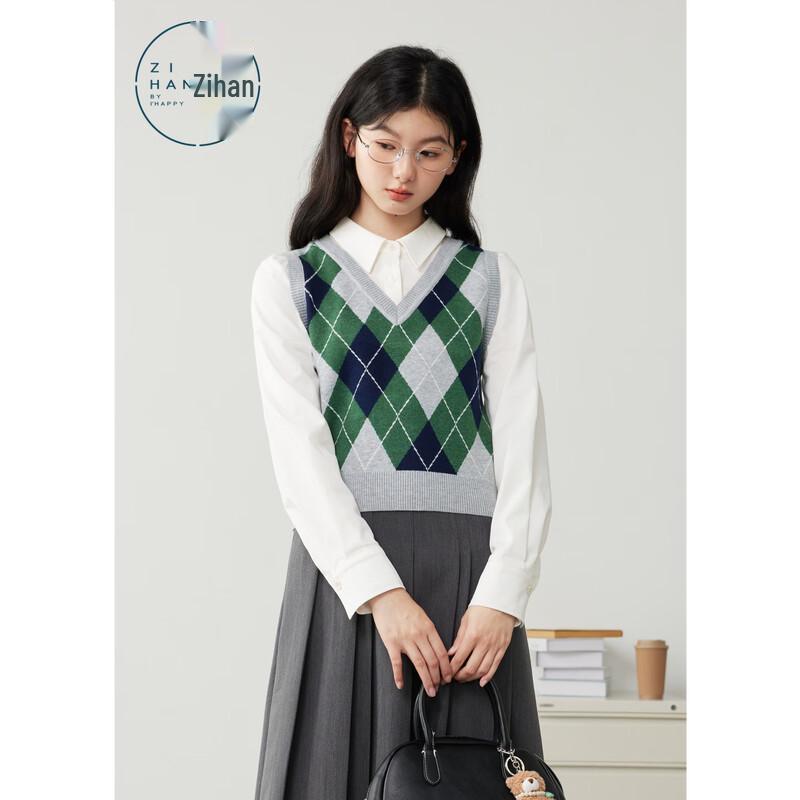 ZIHAN Women's Argyle Faux Shirt Collar Knit Sweater