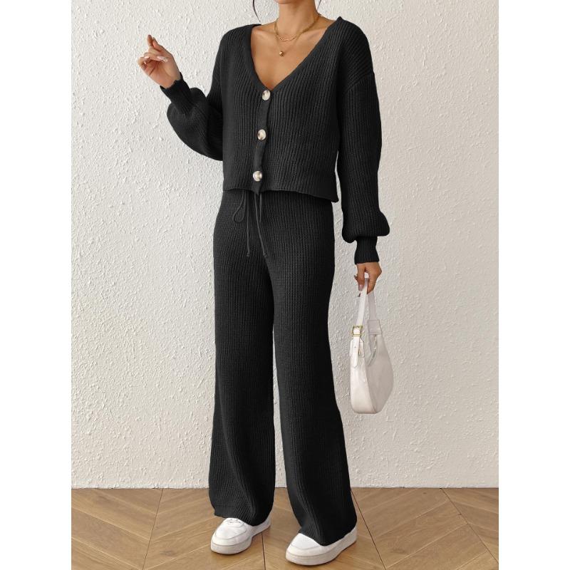 Women S Two Piece Set Long Sleeve Open Front Cardigan Wide Leg Pants Solid Color