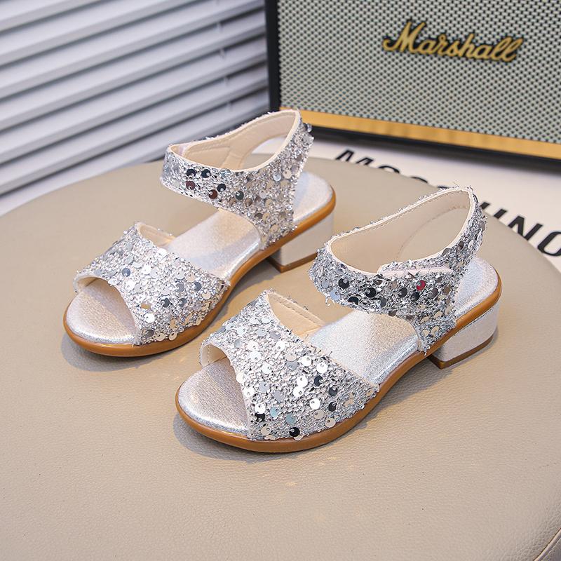 Dětské sandály Sladké pro dívky Taneční boty Svatba Vysoké podpatky 2025 Léto Nové Dětské Princeznovské boty Peep Top Šik